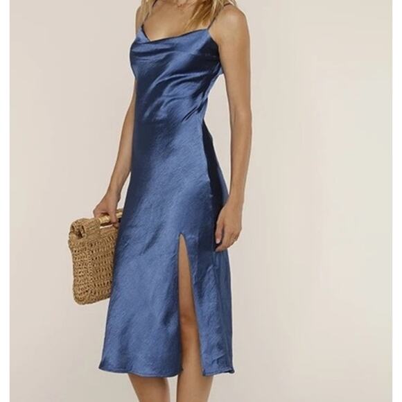 Heartloom Oliver Midi Slip Dress XS Blue Satin Side Slit Cocktail Night Out - Picture 1 of 14